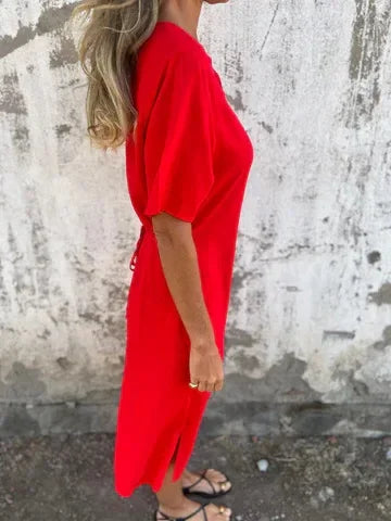 Dora Triglia™ Letnia sukienka midi z krótkim rękawem, dekoltem w serek i efektownym nadrukiem