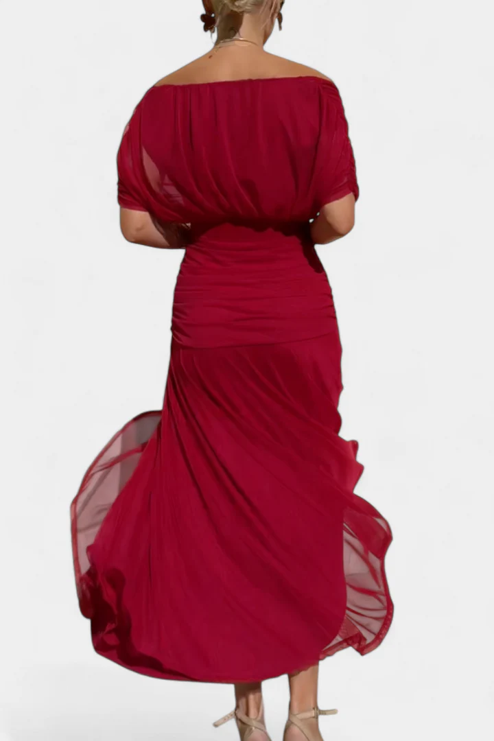 Gemma Beltrozi™ elegancka zwiewna sukienka maxi z marszczonym wzorem i odkrytymi ramionami