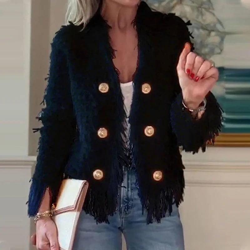 Sophia Tassozi™ Elegancki Płaszcz Cropped z Frędzlami