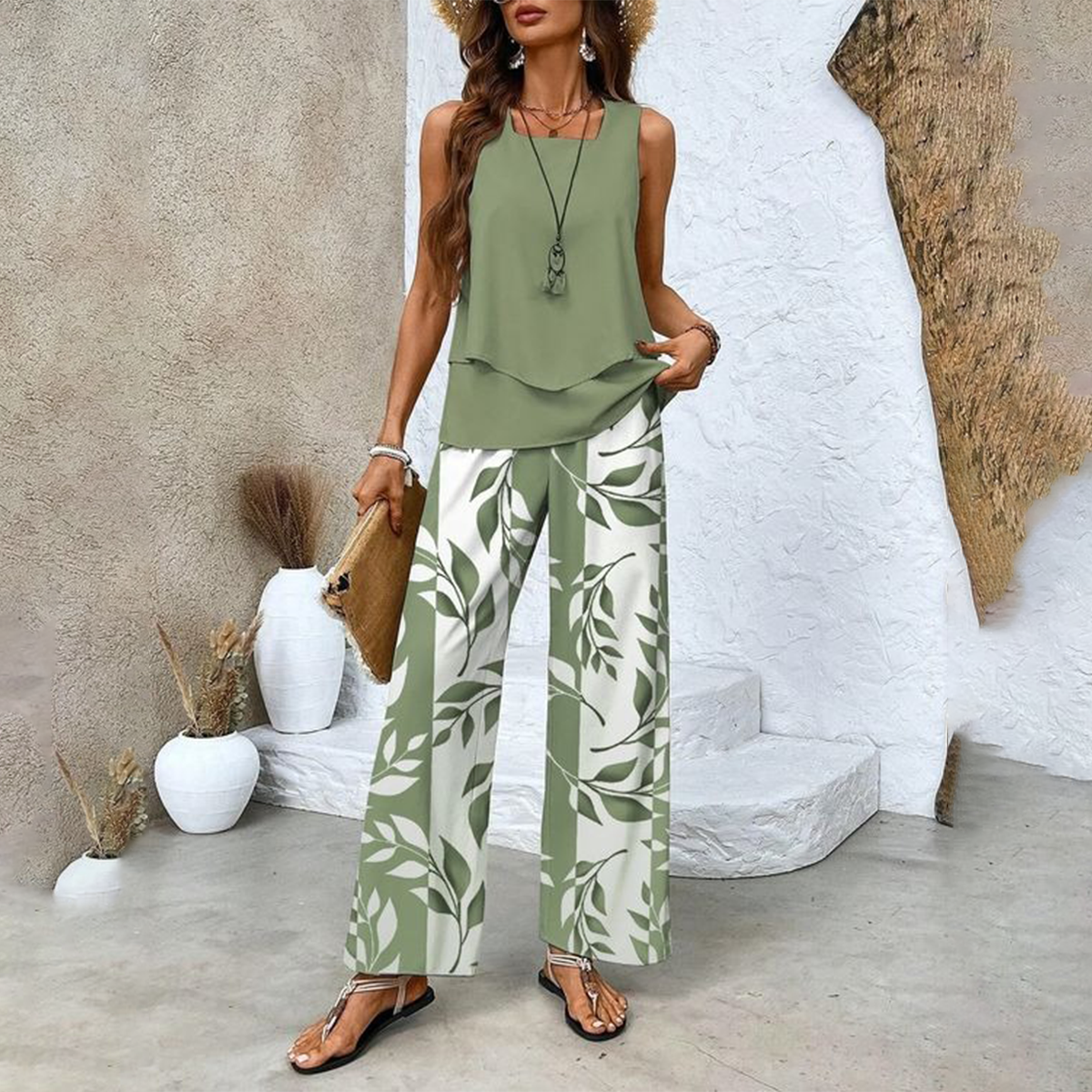 Elena Bertozzi Effortless Printed Matching Set - content graphic of printed pants and round neck top set