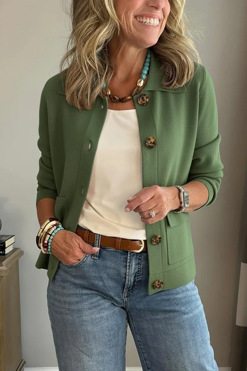 Alina Covelli™ Elegancki kardigan z kołnierzykiem zapinany na guziki