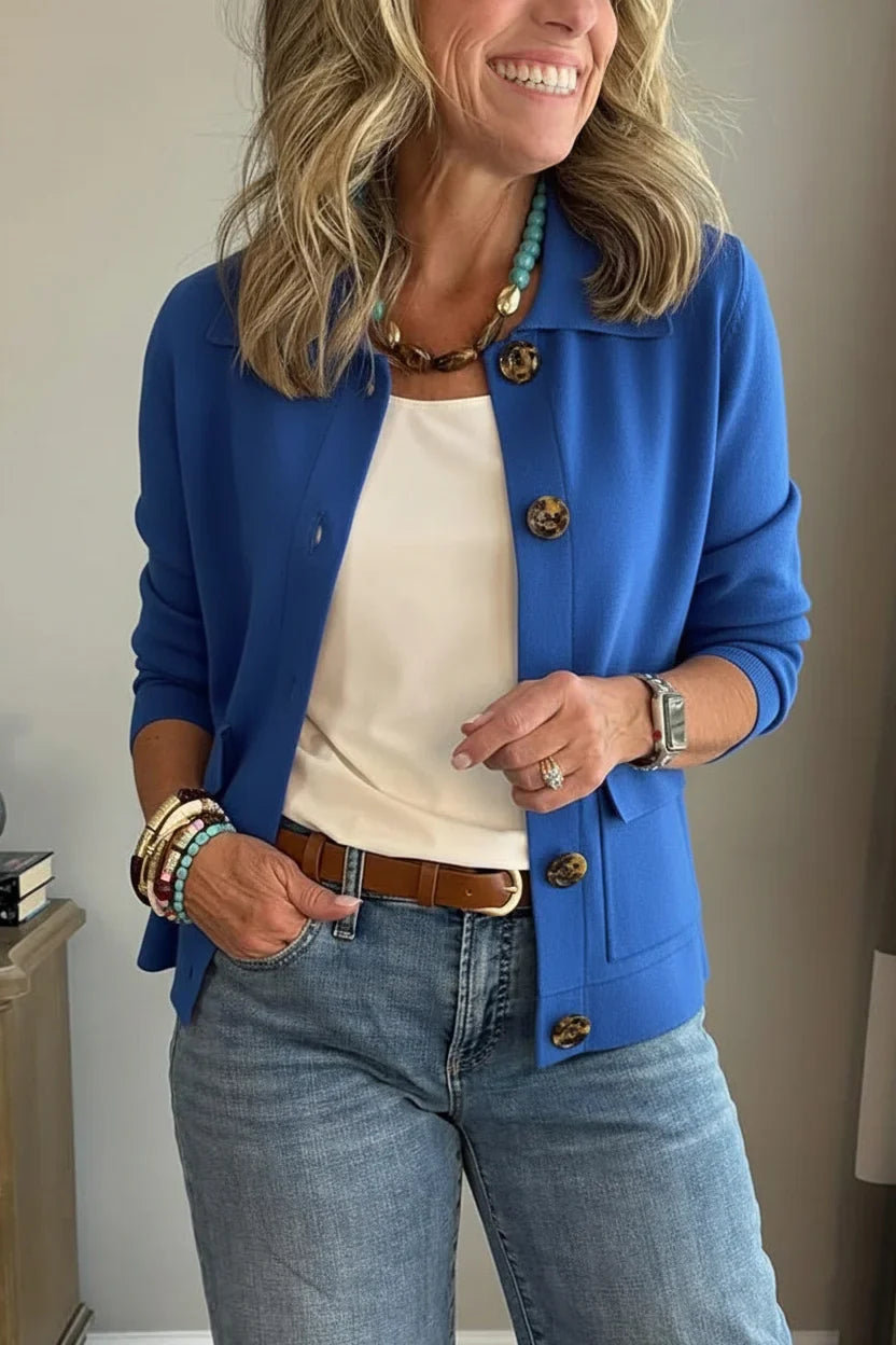 Alina Covelli™ Elegancki kardigan z kołnierzykiem zapinany na guziki