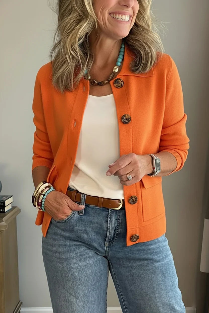 Alina Covelli™ Elegancki kardigan z kołnierzykiem zapinany na guziki