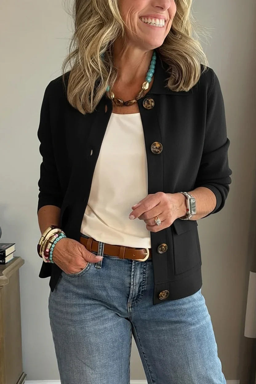 Alina Covelli™ Elegancki kardigan z kołnierzykiem zapinany na guziki
