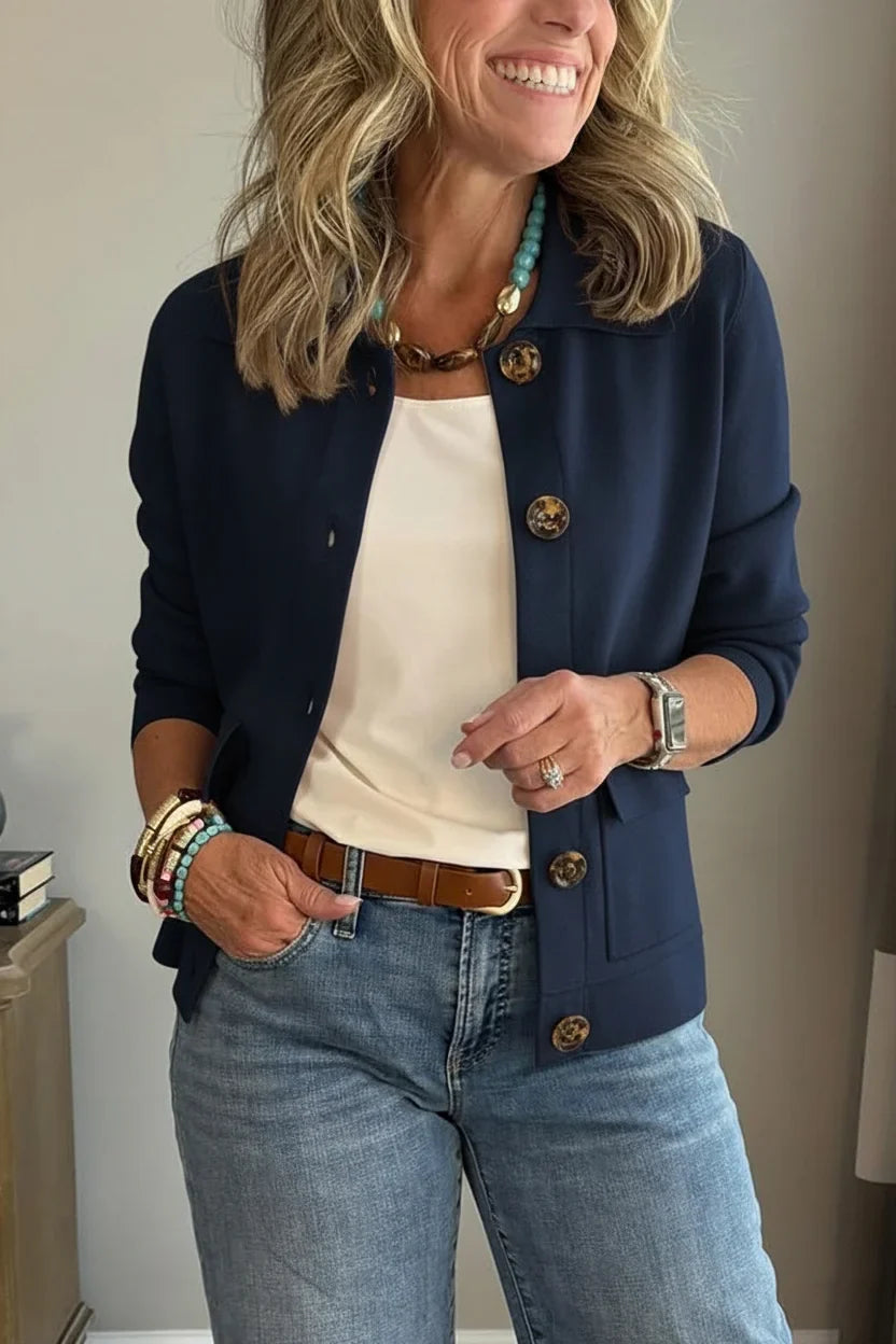 Alina Covelli™ Elegancki kardigan z kołnierzykiem zapinany na guziki