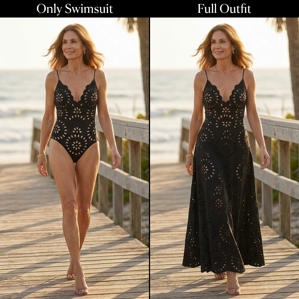 Azzurra Angelini™ Ażurowy strój kąpielowy w kwiaty ze spódnicą maxi