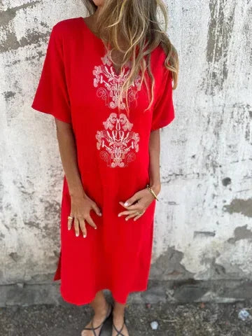 Dora Triglia™ Letnia sukienka midi z krótkim rękawem, dekoltem w serek i efektownym nadrukiem