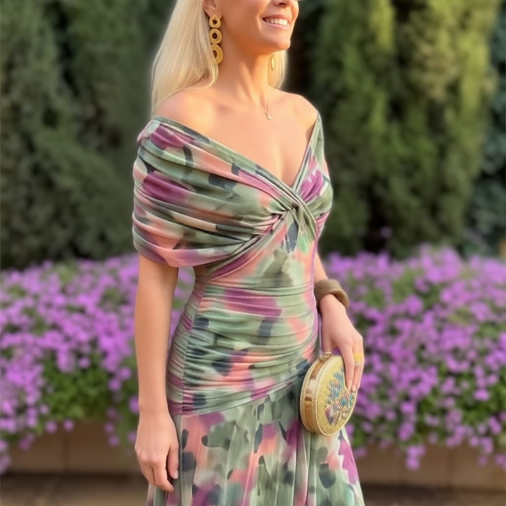 Enrichetta Bellori™ elegancka sukienka z odkrytymi ramionami w nadruk