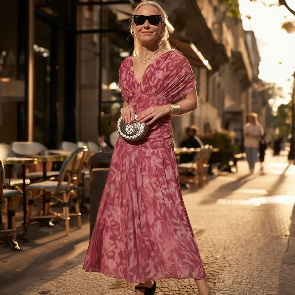 Enrichetta Bellori™ elegancka sukienka z odkrytymi ramionami w nadruk