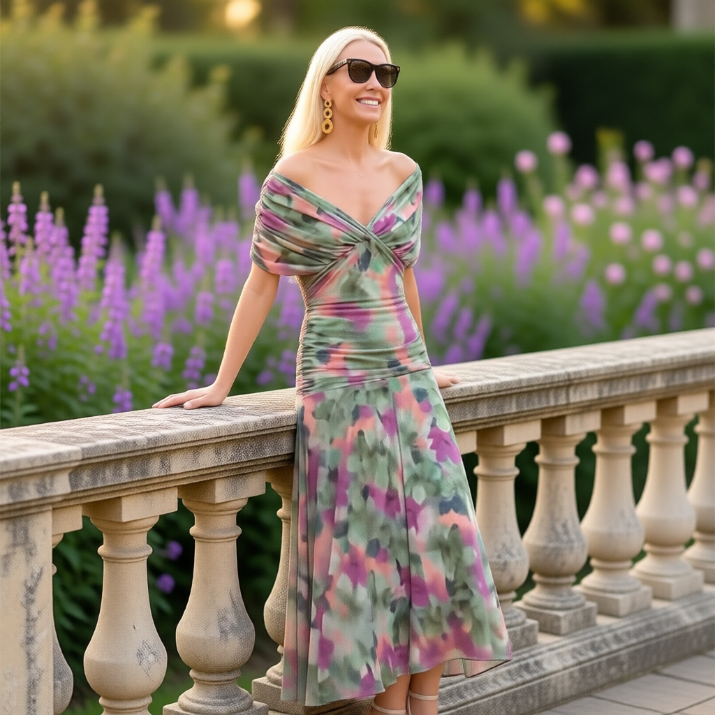 Enrichetta Bellori™ elegancka sukienka z odkrytymi ramionami w nadruk