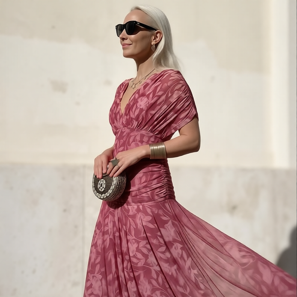 Enrichetta Bellori™ elegancka sukienka z odkrytymi ramionami w nadruk