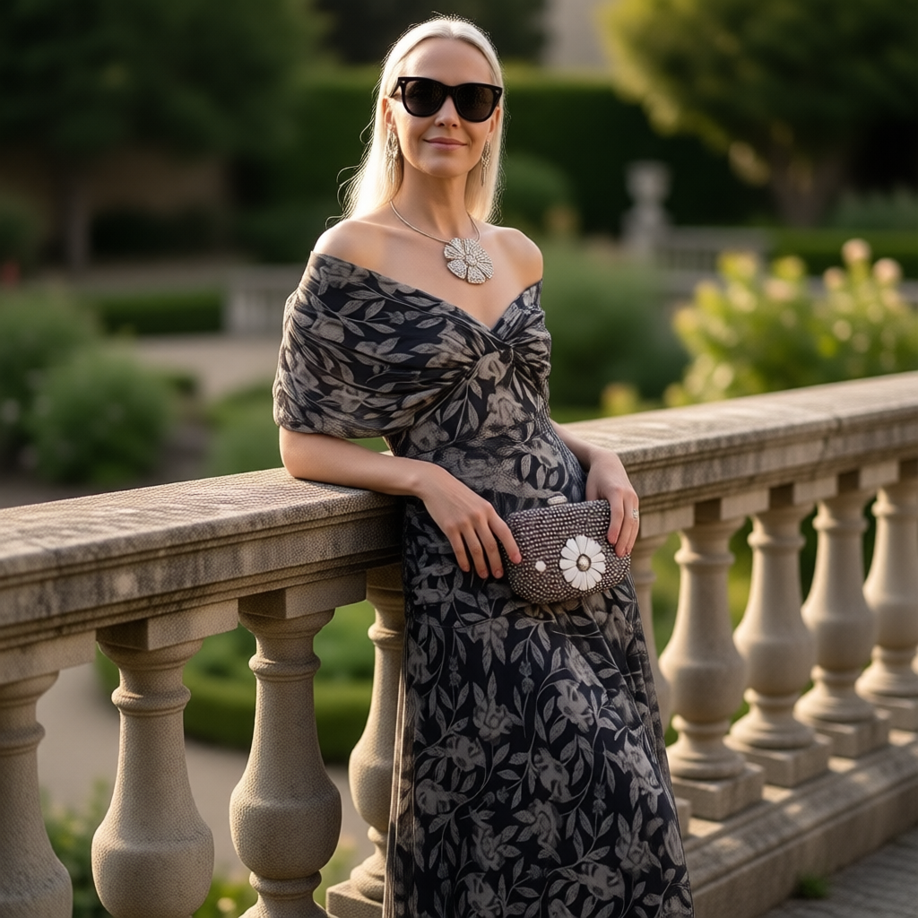 Enrichetta Bellori™ elegancka sukienka z odkrytymi ramionami w nadruk