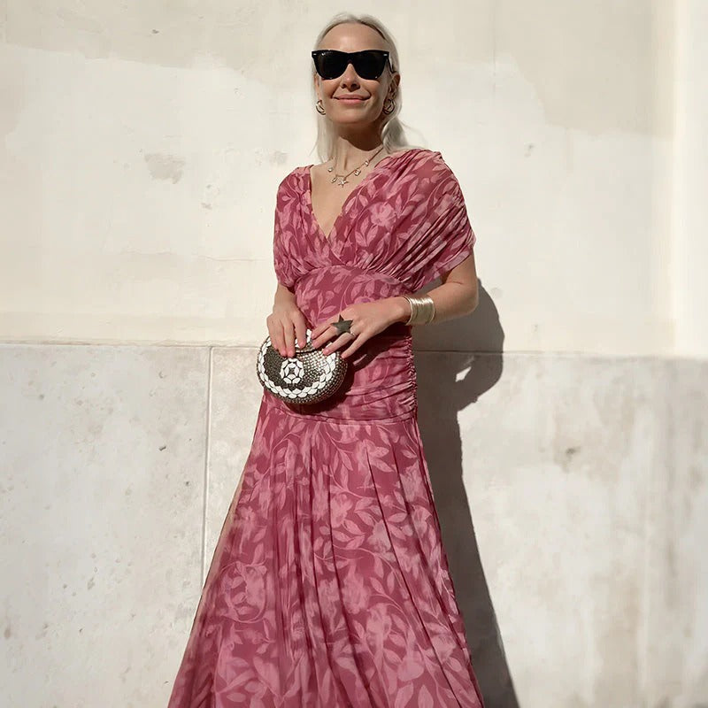 Enrichetta Bellori™ elegancka sukienka z odkrytymi ramionami w nadruk