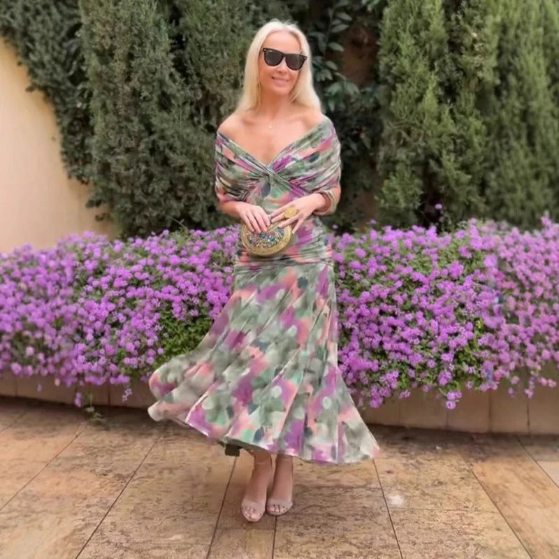 Enrichetta Bellori™ elegancka sukienka z odkrytymi ramionami w nadruk
