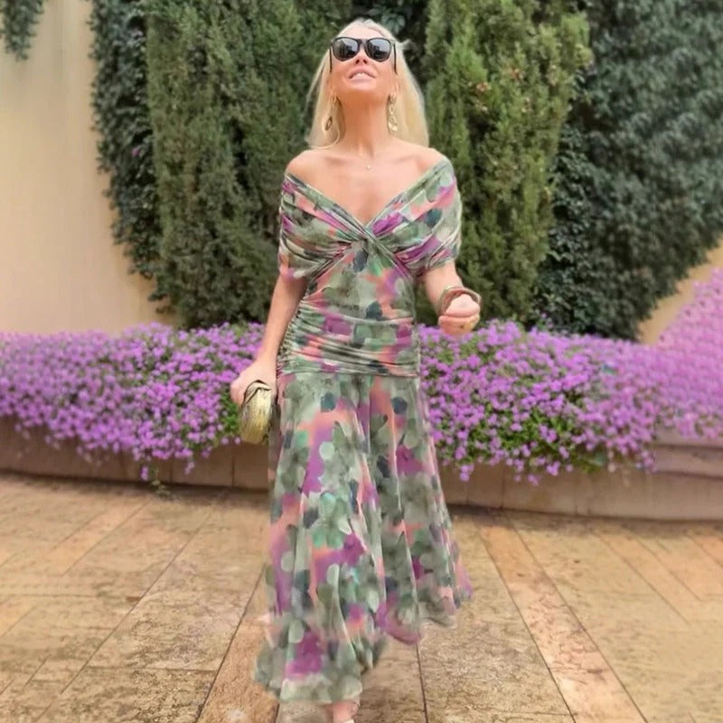 Enrichetta Bellori™ elegancka sukienka z odkrytymi ramionami w nadruk