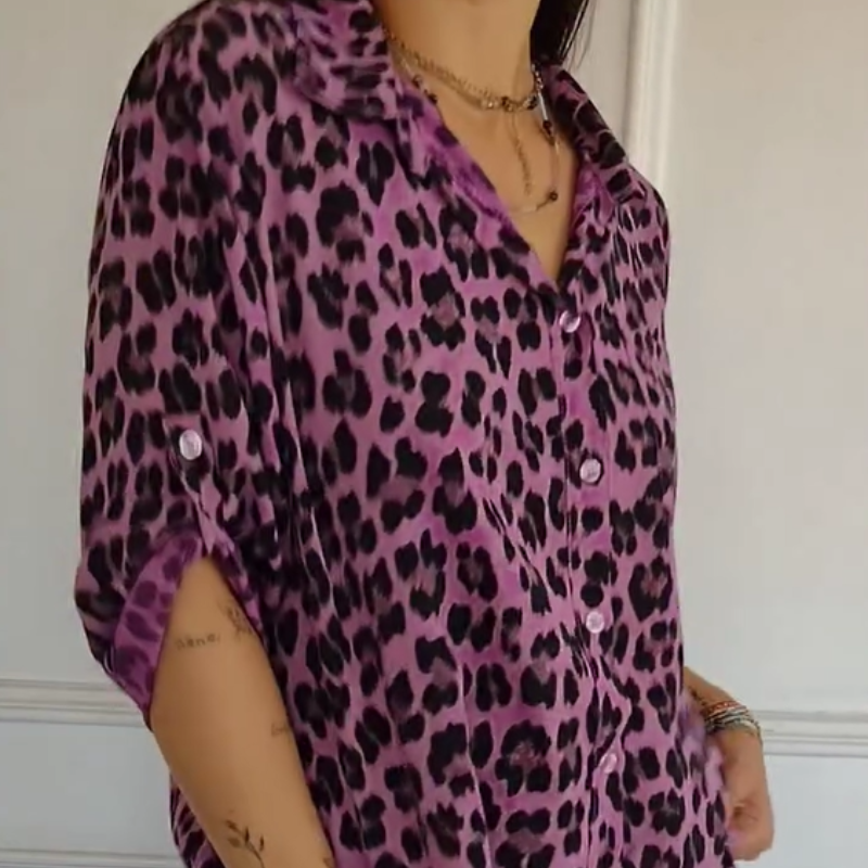 Eva Pandolfo™ Stylowa koszula z regulowanym rękawem i nadrukiem w panterkę