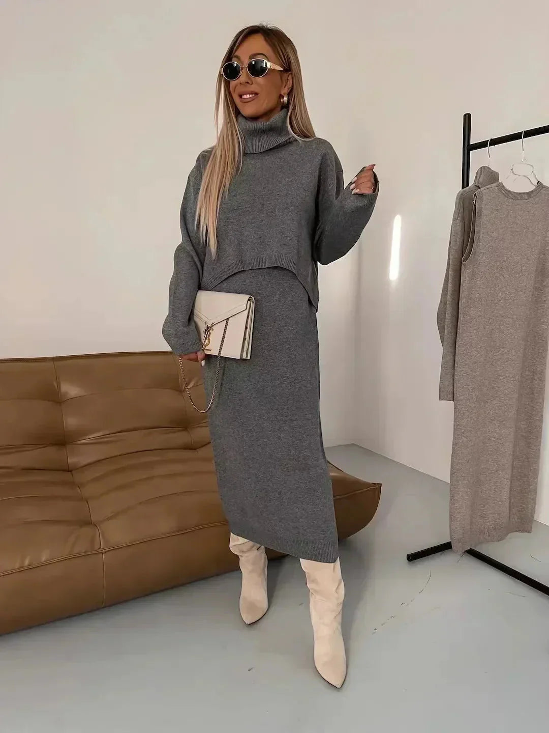 Flavia Lauletta™ Elegancki zestaw sukienka maxi i sweter