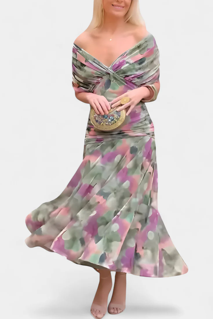 Gemma Beltrozi™ elegancka zwiewna sukienka maxi z marszczonym wzorem i odkrytymi ramionami