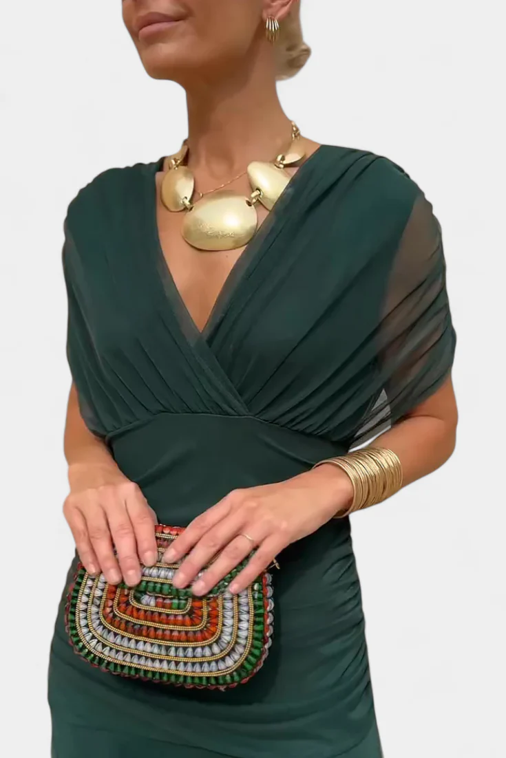 Gemma Beltrozi™ elegancka zwiewna sukienka maxi z marszczonym wzorem i odkrytymi ramionami