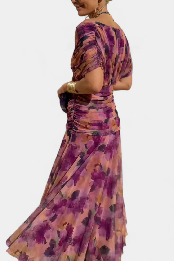 Gemma Beltrozi™ elegancka zwiewna sukienka maxi z marszczonym wzorem i odkrytymi ramionami