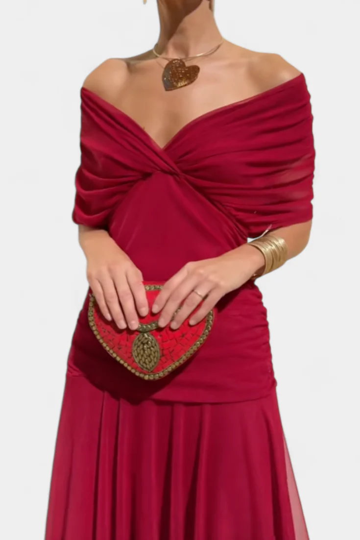 Gemma Beltrozi™ elegancka zwiewna sukienka maxi z marszczonym wzorem i odkrytymi ramionami