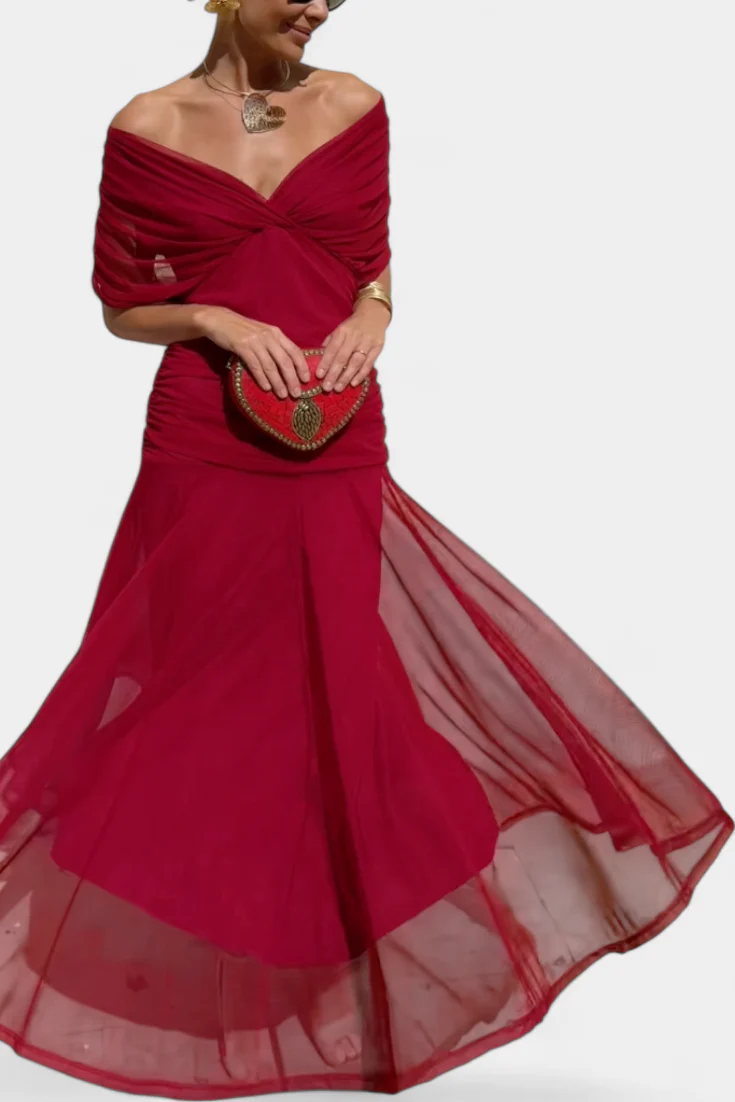 Gemma Beltrozi™ elegancka zwiewna sukienka maxi z marszczonym wzorem i odkrytymi ramionami