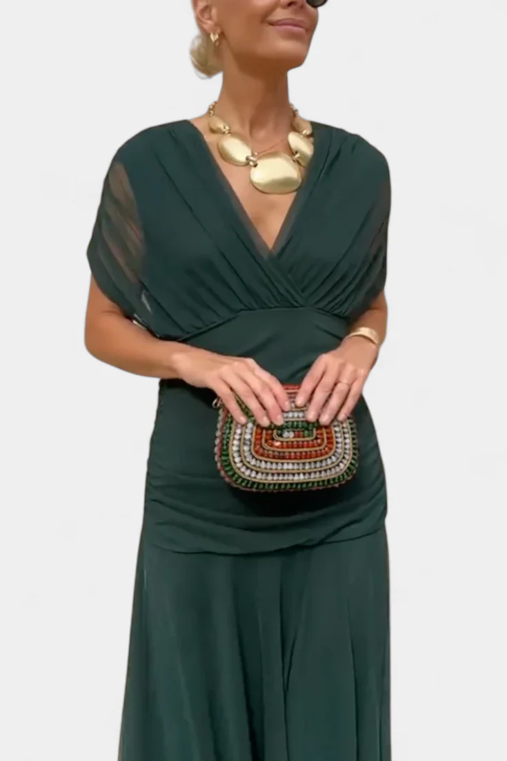 Gemma Beltrozi™ elegancka zwiewna sukienka maxi z marszczonym wzorem i odkrytymi ramionami