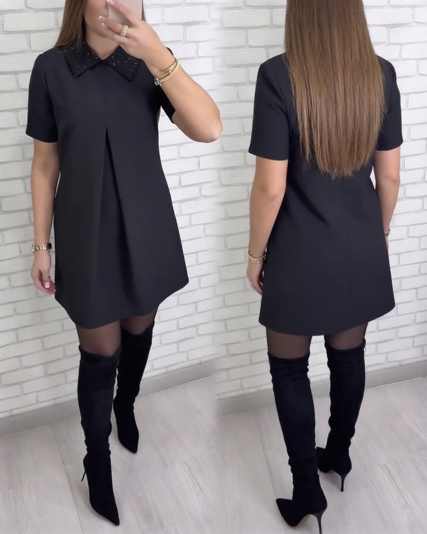 Isabelle Scartozzi™ Brokatowa Sukienka A-line z Ozdobnym Kołnierzem
