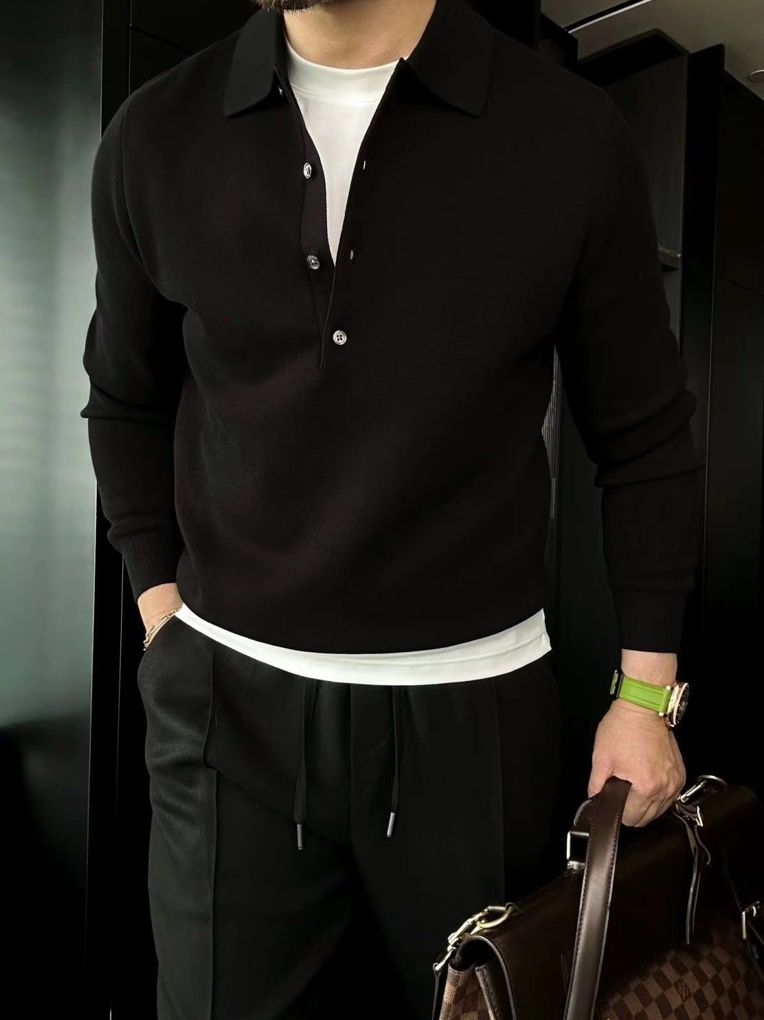 Martino Di Bernardo™ Męski sweter polo z dzianiny z długim rękawem