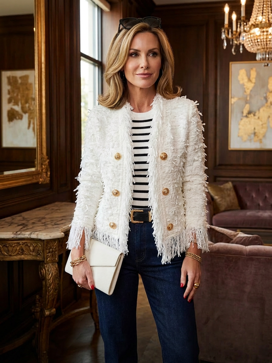 Sophia Tassozi™ Elegancki Płaszcz Cropped z Frędzlami