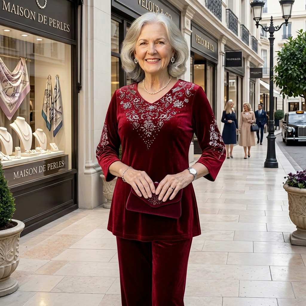 Viviana Cristozzi™ Elegancki Aksamitny Zestaw Coord z Kryształami