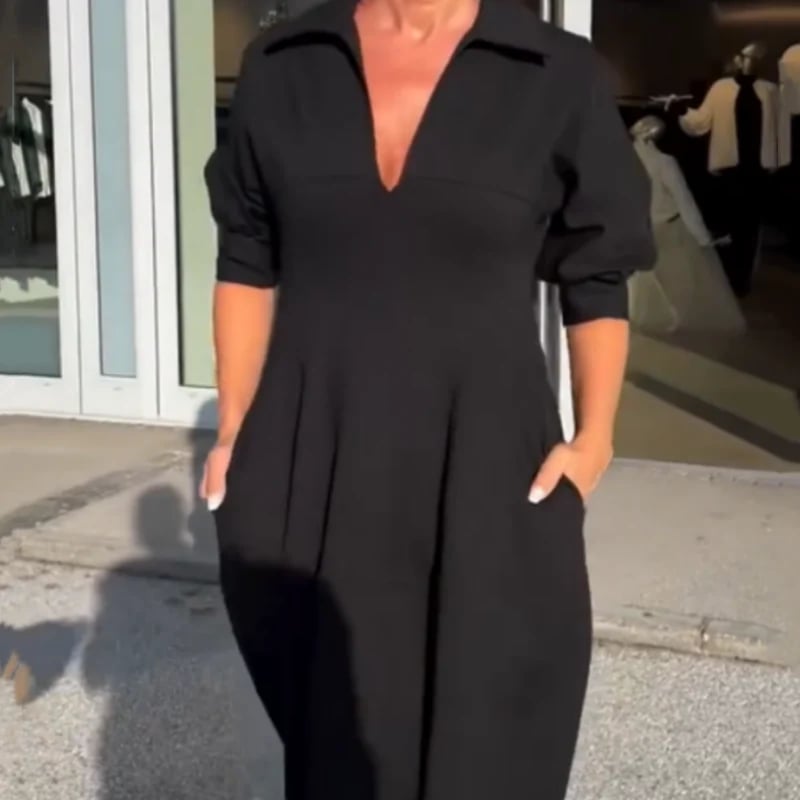 Zarina Sassano™ – sukienka midi z kołnierzykiem i dekoltem V
