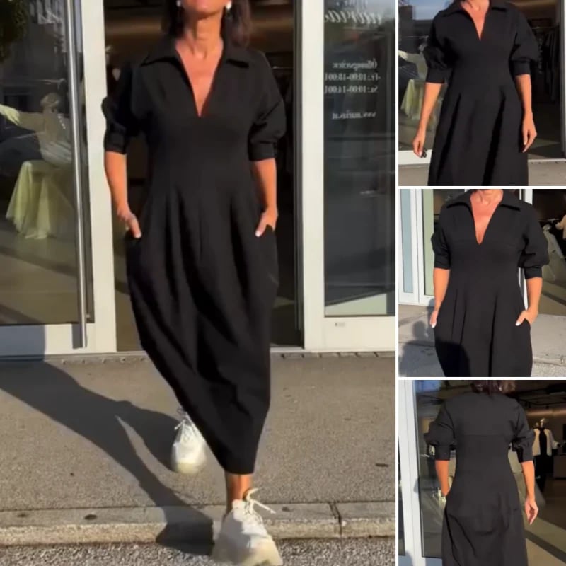 Zarina Sassano™ – sukienka midi z kołnierzykiem i dekoltem V