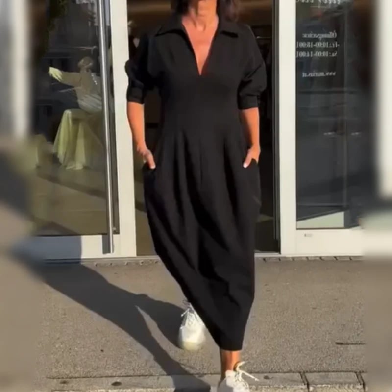 Zarina Sassano™ – sukienka midi z kołnierzykiem i dekoltem V