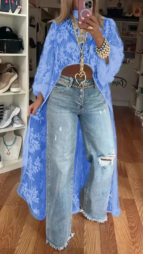 Adriana Morvetti Feminine Lace High-Low Top - content image showing full length model wearing top