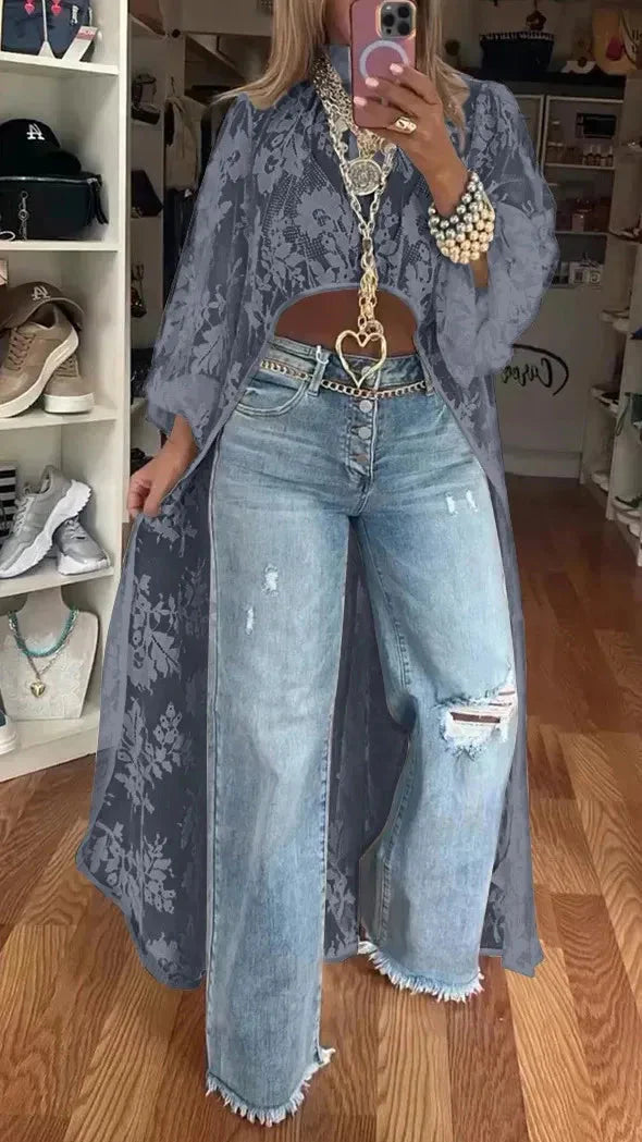 Adriana Morvetti Feminine Lace High-Low Top - content lifestyle image of women in lace casual top