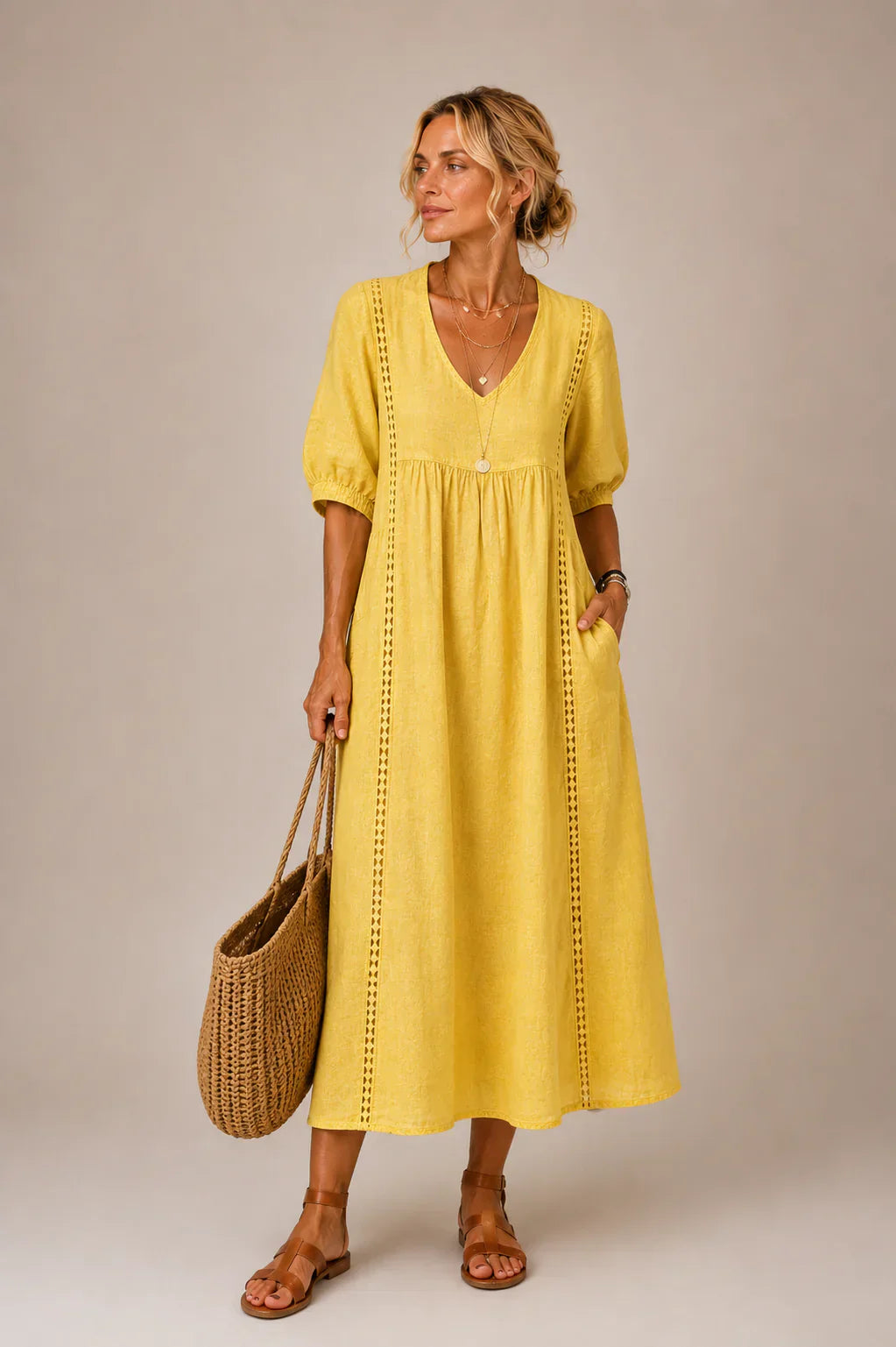 Agnese Sefi Lace Trim V-Neck Midi Dress - main front product view