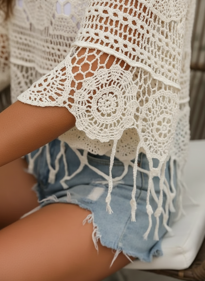 Alessia Lattanzi™ Boho narzutka ażurowa z falbankami w swobodnym stylu plażowym