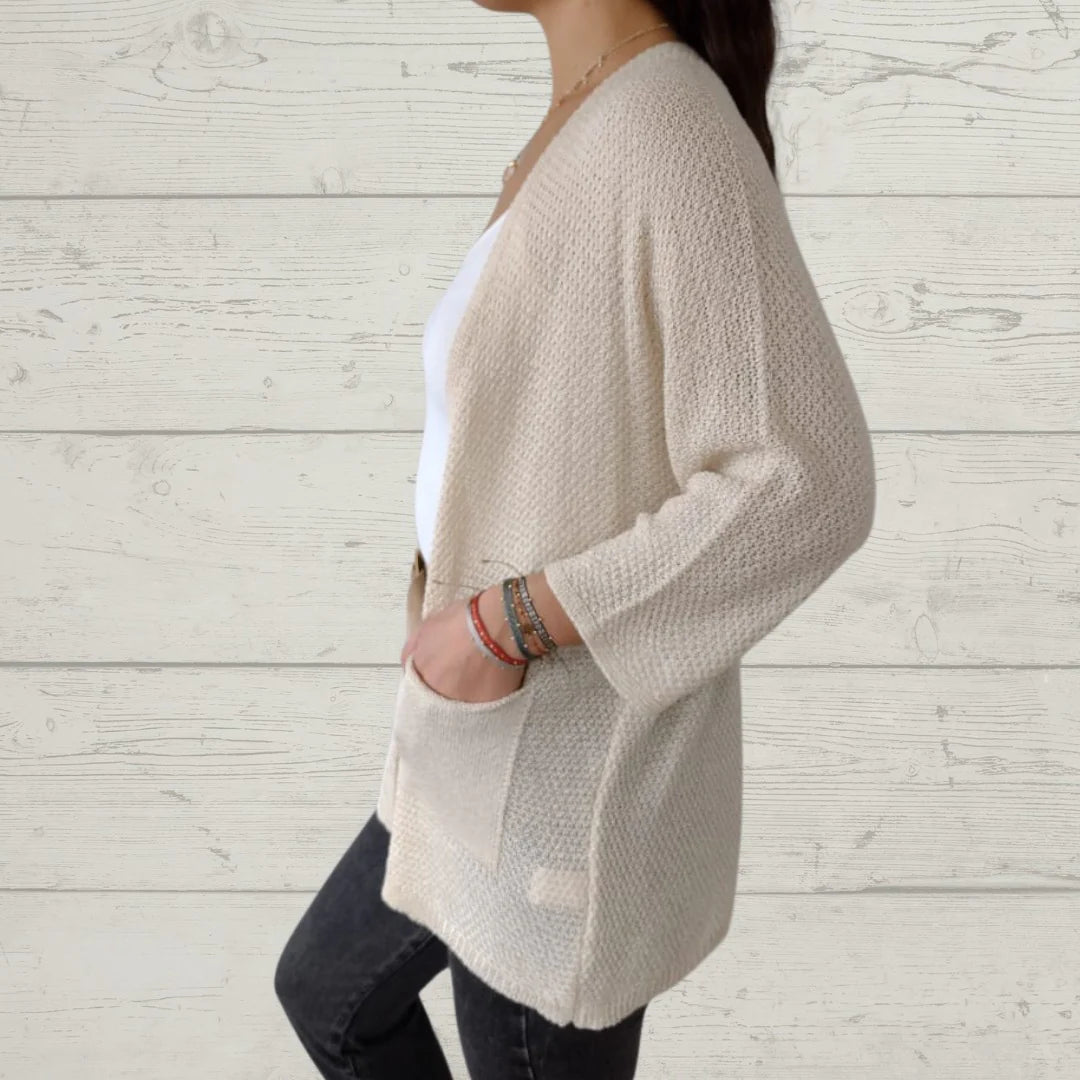 Alessia Thread 3/4 Sleeve Cardigan with Pockets - styled lifestyle view