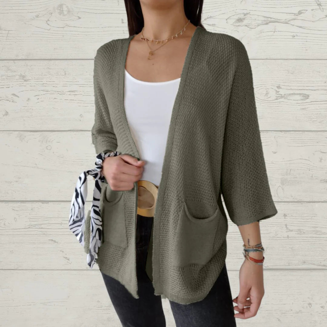 Alessia Thread 3/4 Sleeve Cardigan with Pockets - full length model view