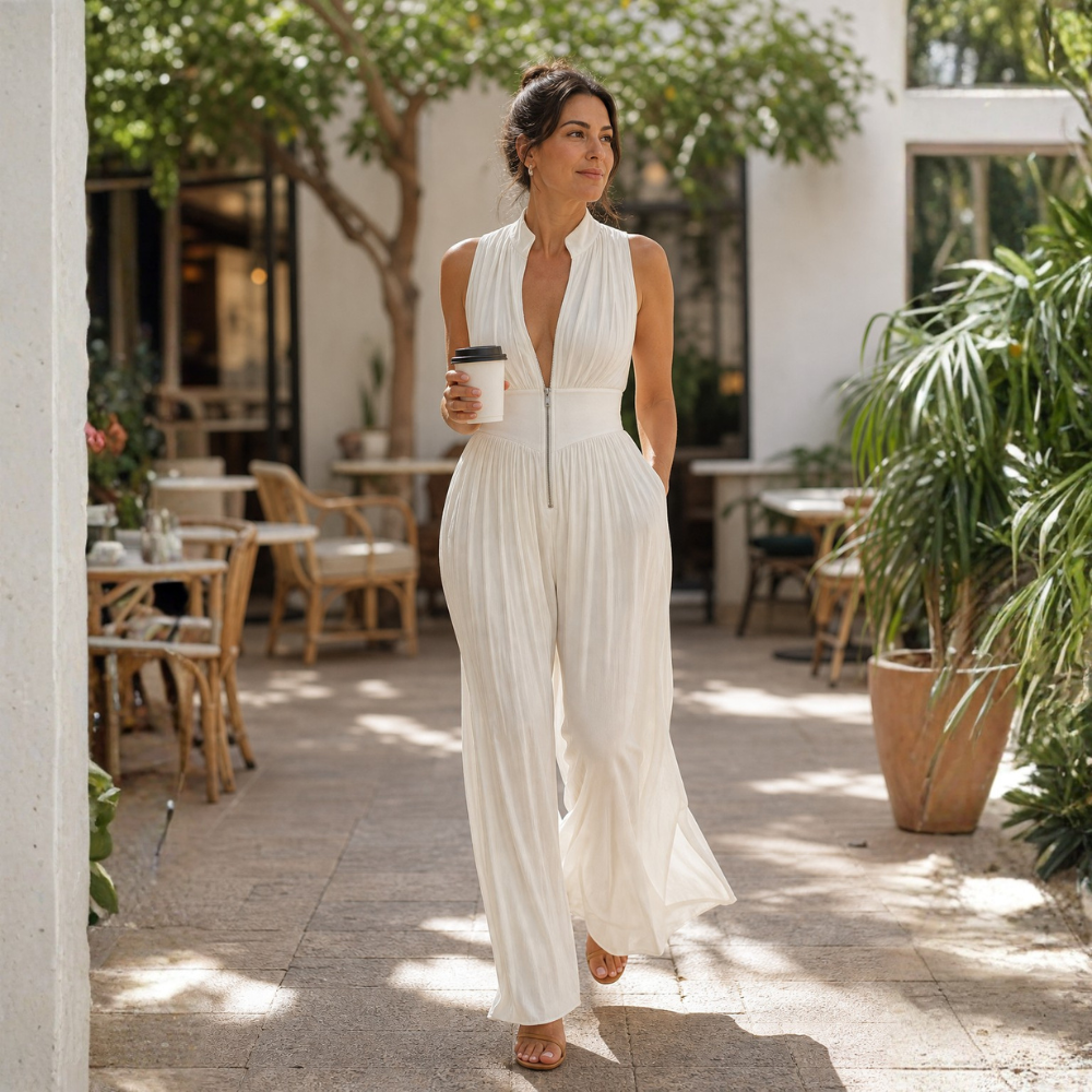 Andreina Amato™ Elegancki kombinezon z szyfonu z plisowanymi szerokimi nogawkami