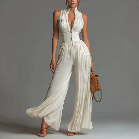 Andreina White V-neck Sleeveless Zip-up Pleated Wide-leg Chiffon Jumpsuit - front hero view