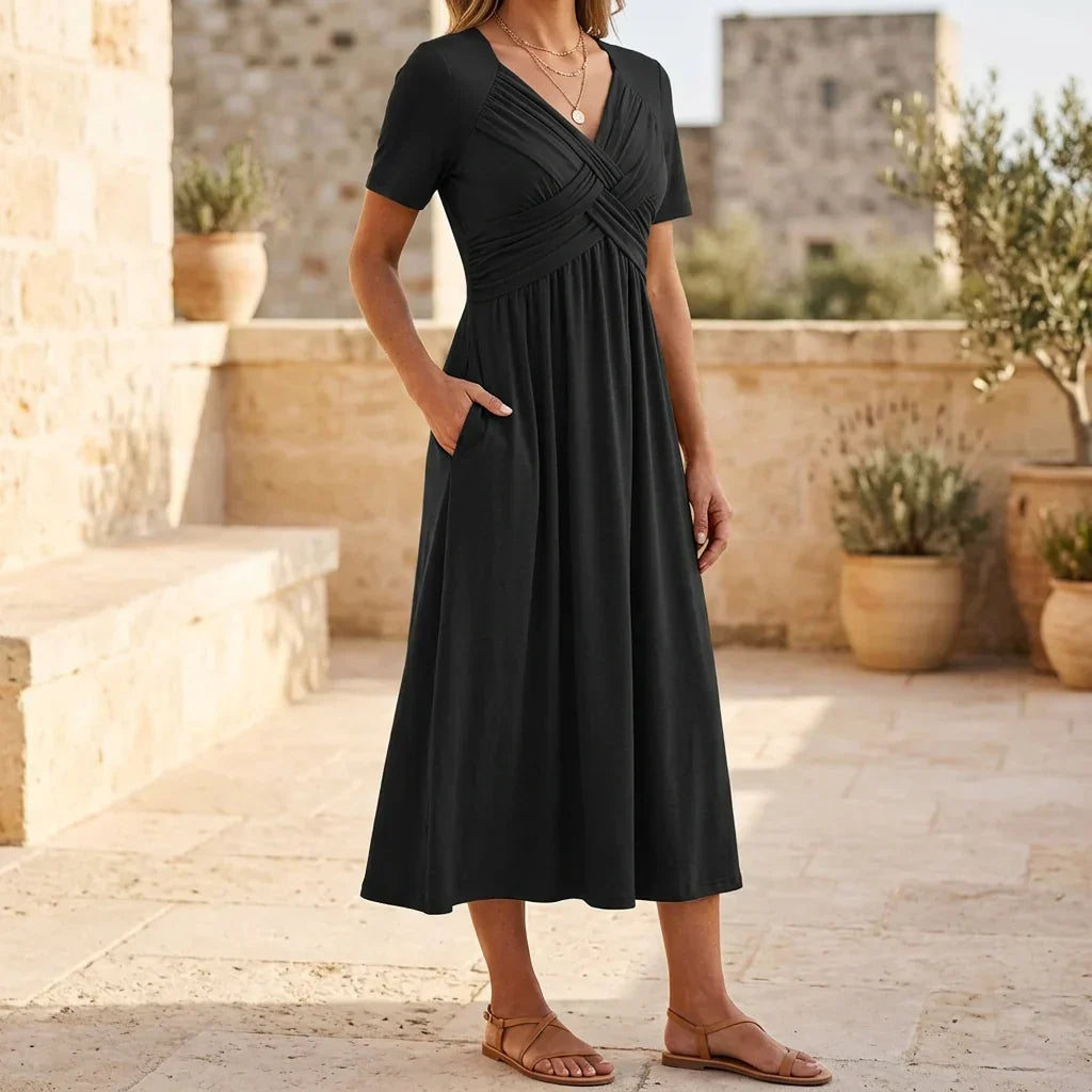Anita Monterosso Flattering V-Neck Dress - main front view of dress with V-neckline and cross detail