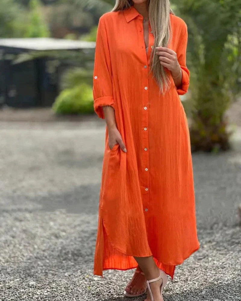 Antonella Comfortable Italian Cotton Dress - side profile view of relaxed Italian cotton dress