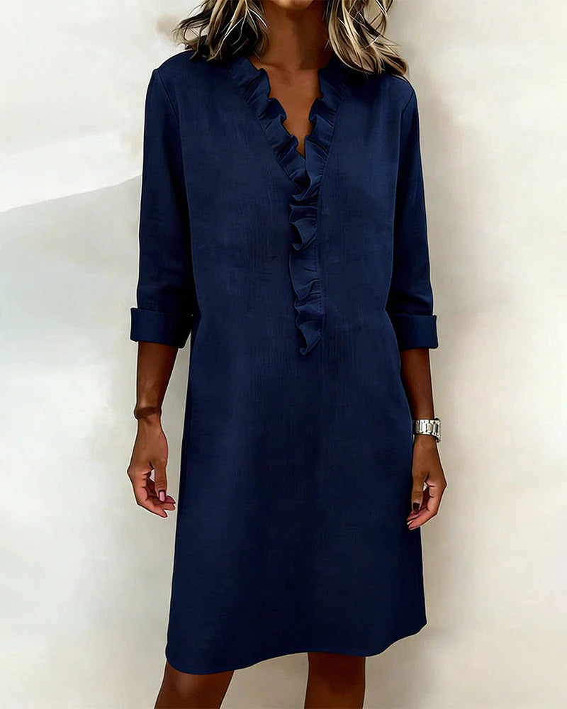 Arianna Plain V-Neck Ruffled Dress - side profile view highlighting v-neck and ruffle layers