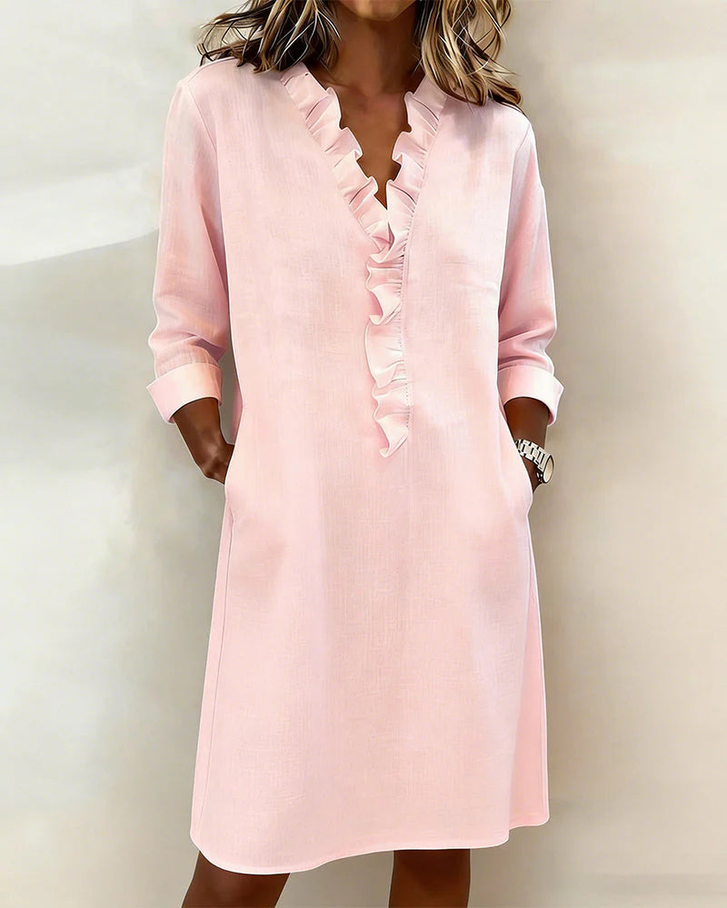 Arianna Plain V-Neck Ruffled Dress - front hero view of effortless ruffled v-neck silhouette