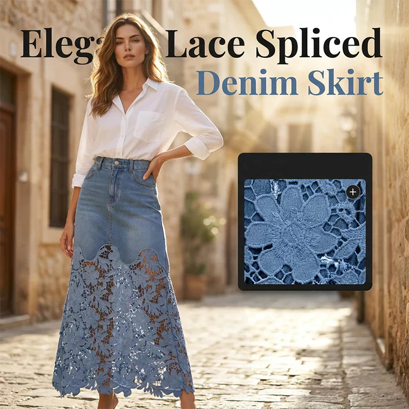 Aurora Elegant Lace Cutout Denim Skirt - main front view of bodycon denim skirt with lace cutout edge