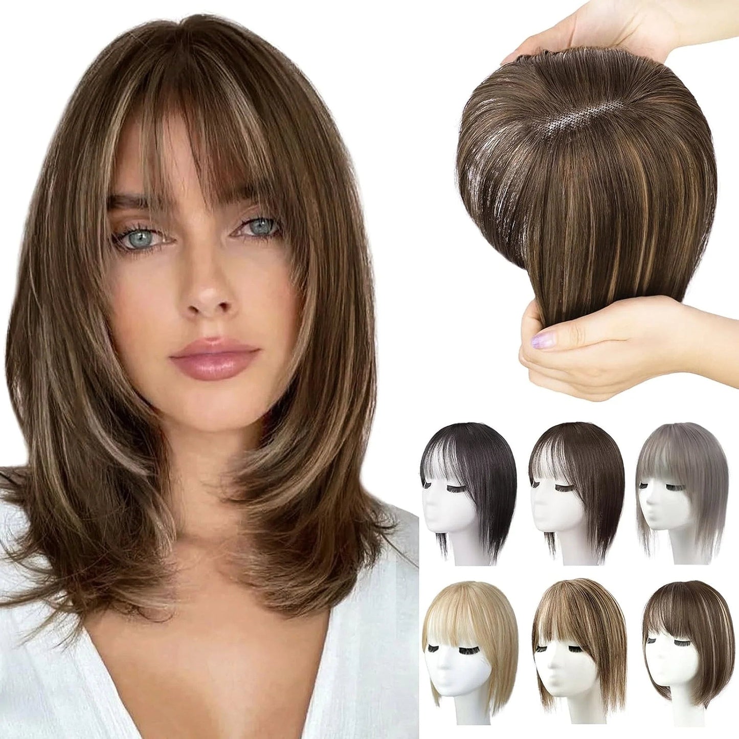 BangPro Realistic Bangs Hair Topper - infographic showing how to apply the bangs hair topper