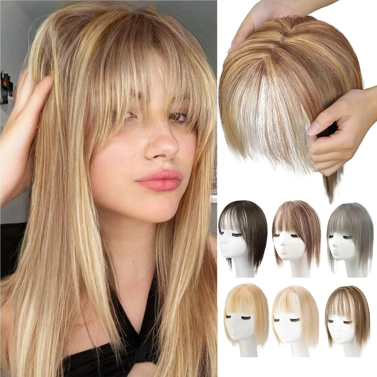 BangPro Realistic Bangs Hair Topper - product features callout showing clip placement and coverage