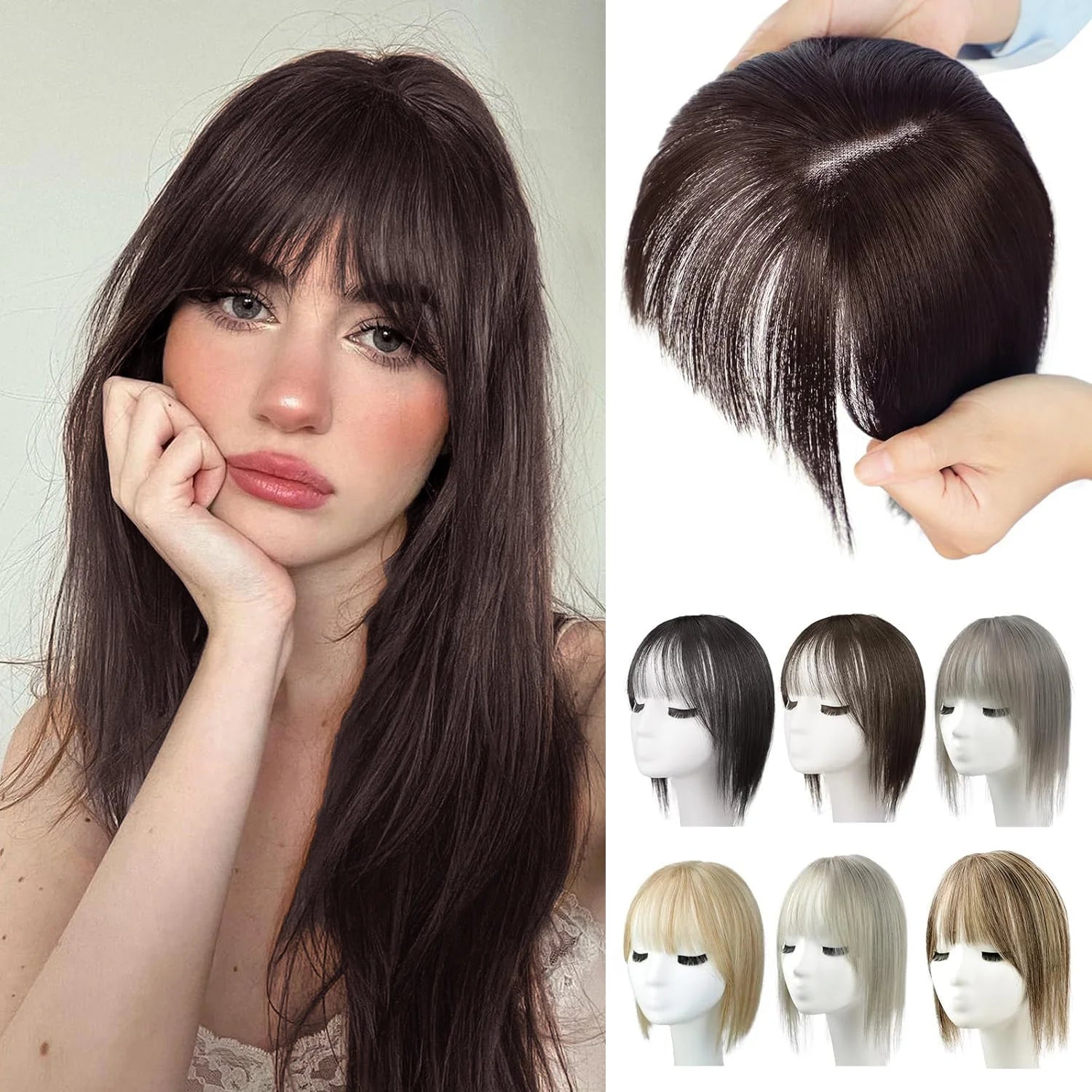 BangPro Realistic Bangs Hair Topper - woman wearing bangs topper showing natural scalp appearance